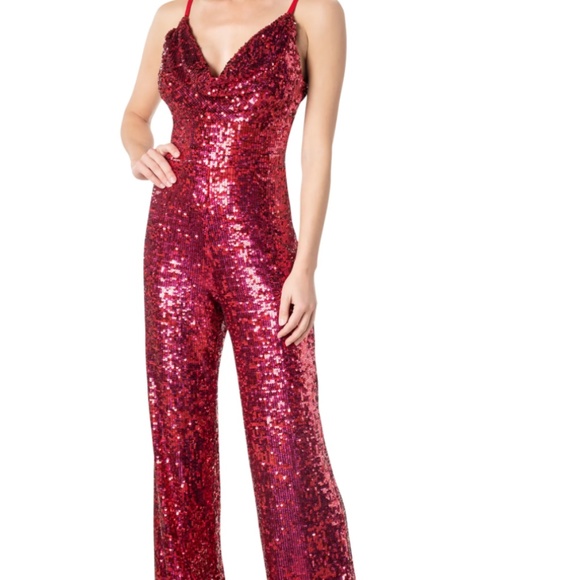 Dress the Population Pink Sequin Pantsuit, S, Spaghetti Strap, Wide‎ leg, NWOT - Picture 1 of 16